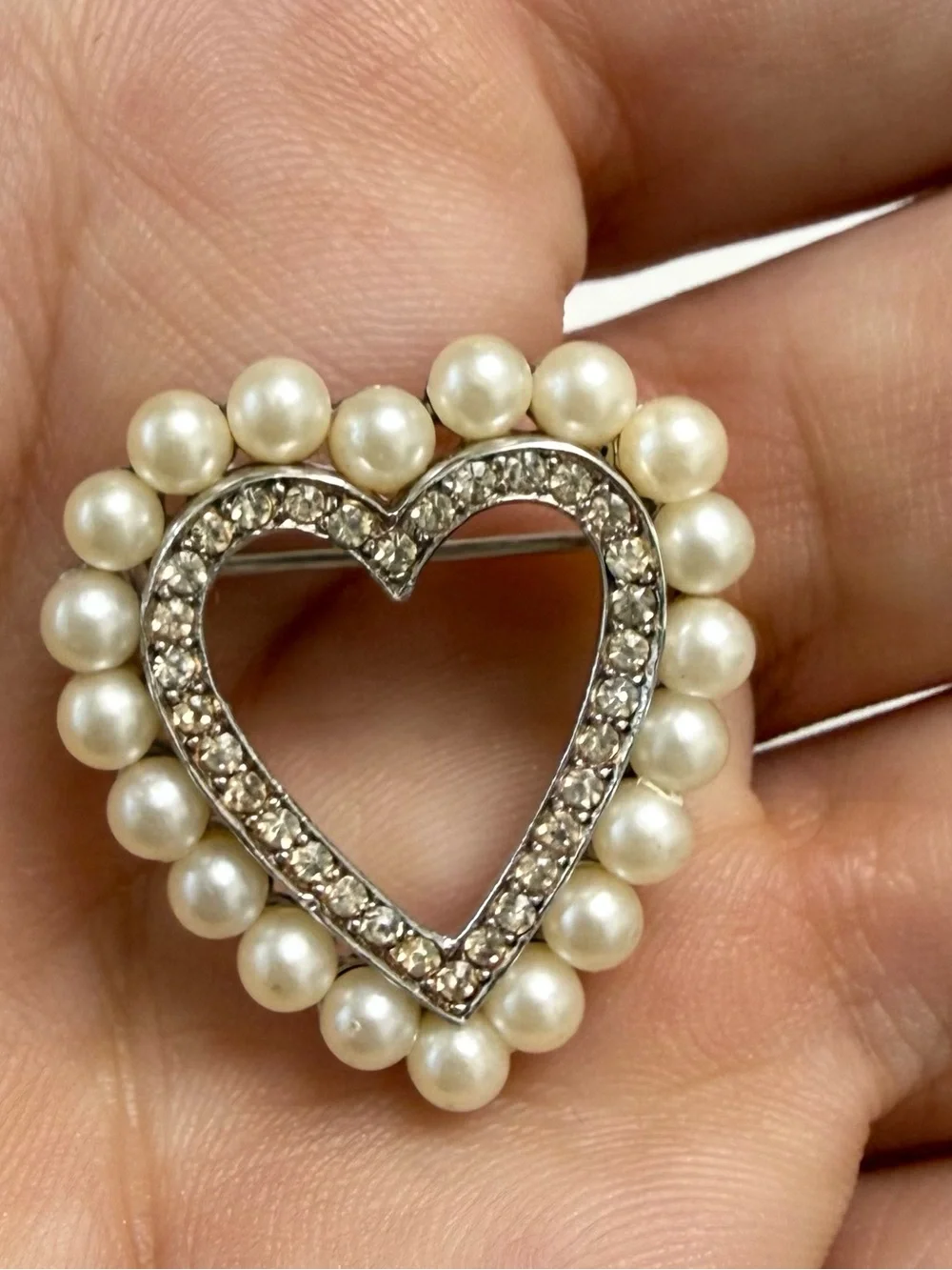 Trifari Heart-Shaped Pearl & Rhinestone Brooch - Cream, Silver
